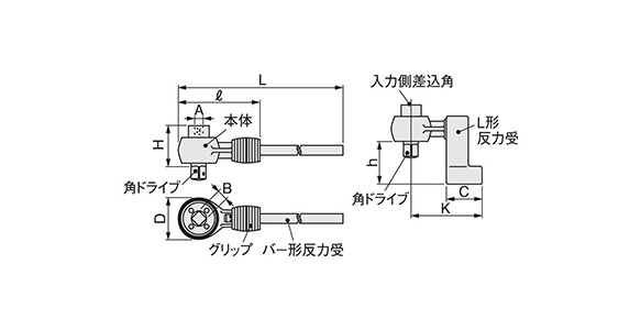 ※寸法図（本體、入力側差込角、L型反力受、角ドライブ、バー形反力受、グリップ、角ドライブ、本體）